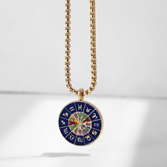 18k Gold Plated Reversible Astrological Chart Medallion Intuition Necklace - Picture 4 of 14